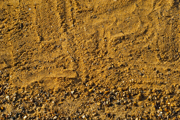 Yellow sand texture close up. Dirty sand with small stones.