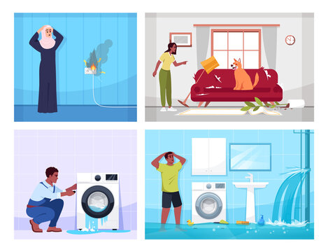 Household incidents semi flat vector illustration set. Man fixes broken washing machine, woman scolds naughty dog, flood in bathroom 2D cartoon characters collection for commercial use