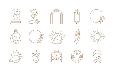 Boho doodle linear set. Magic mystic hand drawn simple logo icons with crystal eye sun moon, minimal fine line tattoo. Abstract vector collection