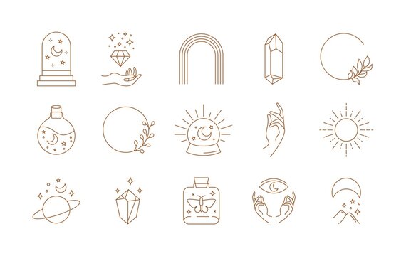 Boho doodle linear set. Magic mystic hand drawn simple logo icons with crystal eye sun moon. Abstract vector illustration