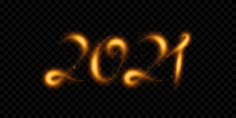 2021 new year sparkling golden numbers with glittering and glowing light effect isolated on dark thansparent background.