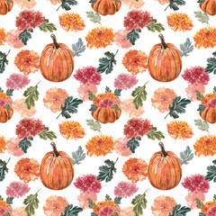 Watercolor fall floral pattern in rustic style. Hand painted red and orange flowers, leaves and pumpkins on white background. Thanksgiving themed designer paper.Botanical print.