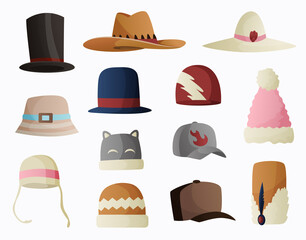 Headwear. Hats collection beret cap beach panama trendy hat knitted winter hat. Fashion headwear for ladies and gentlemen in vintage and classic style. Unisex vintage elegant headwear