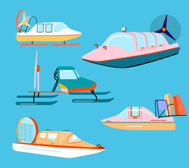 Snowmobiles in trendy colours.Different types and projections.Self-propelled vehicle with a screw as a engine,ski-supported,designed for movement on snow and ice.Winter sport.New Year 2021.Vector