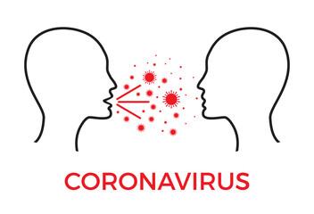 Coronavirus Covid-19 infection concept. Two heads one infected spreading virus. respiratory droplet. Flat vector illustration