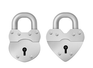 Metal closed padlock isolated on white background. Symbol of safety, privacy and security. Vector realitic set of silver or steel locks in heart shape with keyhole and close hook