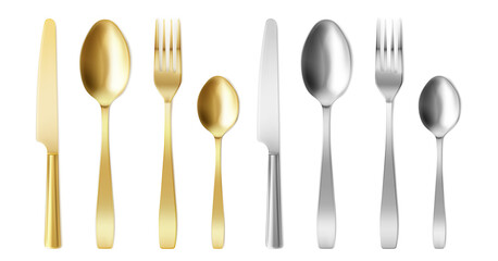 3d cutlery of golden and silver color fork, knife and spoon set. Silverware and gold utensil, catering luxury metal tableware top view. isolated on white background, Realistic vector illustration, - obrazy, fototapety, plakaty