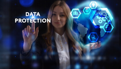 Business, Technology, Internet and network concept. Young businessman working on a virtual screen of the future and sees the inscription: Data protection