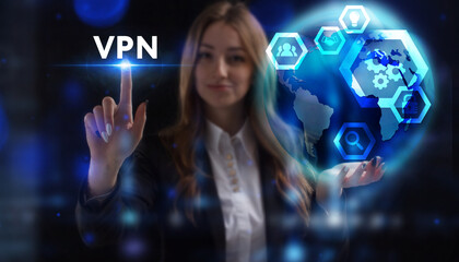 Business, Technology, Internet and network concept. Young businessman working on a virtual screen of the future and sees the inscription: VPN