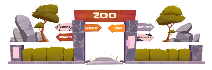 Zoo entrance with wooden board on arch. Vector cartoon set of zoological garden with entry gates, direction signs to different animals, stones, trees and bushes isolated on white background