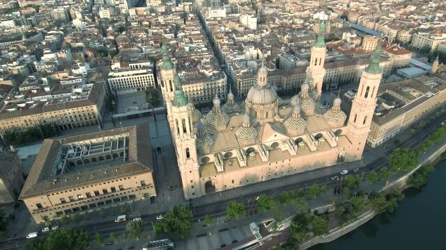 Aerial view of baroque cathedral, sanctuary, UNESCO basilica in Zaragoza, Spain  , Basilica de Nuestra Senora del Pilar