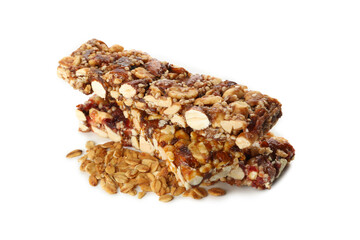 Tasty granola bars isolated on white background