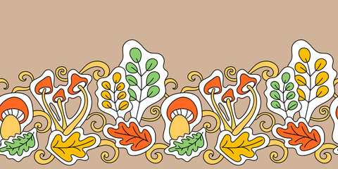 Seamless border, autumn theme. Sketchy vector hand drawn. Cartoon doodle leaves, mushrooms, trees.