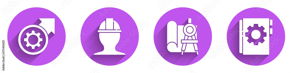Poster set gear and arrows as workflow process, worker safety helmet, graphing paper and compass and user m