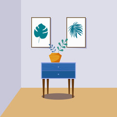 Cute home interior furniture and vase with decorative leaves. Flat cartoon style illustration. 