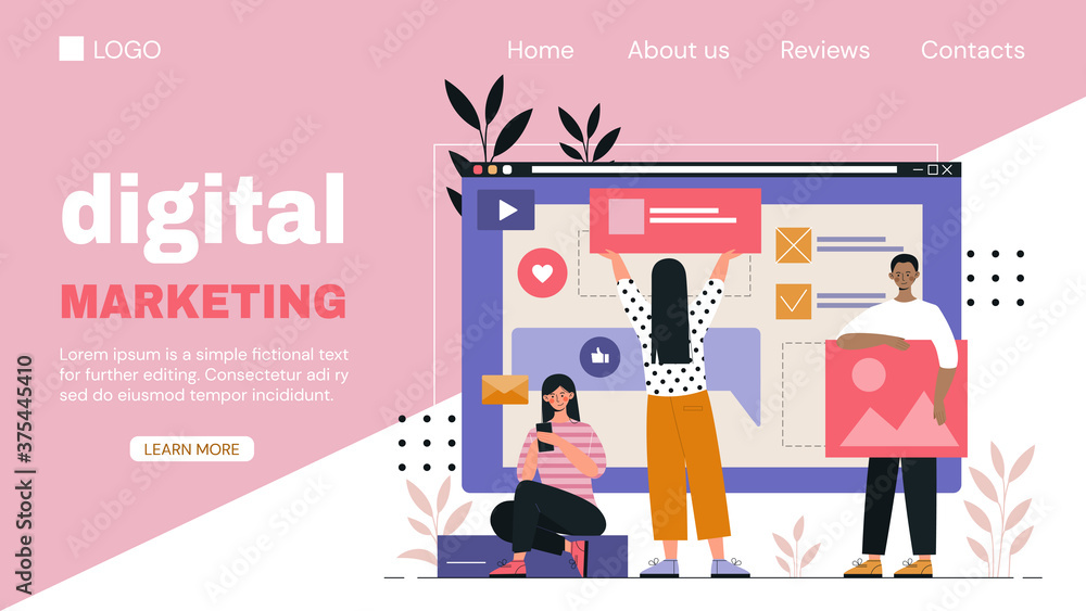 Poster digital marketing web page template for business showing diverse people in a team constructing a web