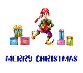watercolor illustration set of gift boxes with a bow for new year and Christmas holidays and a little helper of Santa Claus.Isolated on a white background.