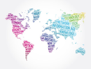 Plakat Information age word cloud in shape of world map, concept background