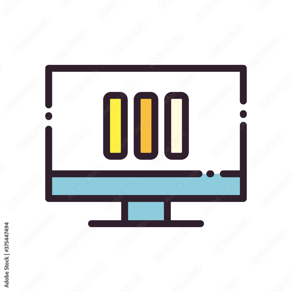 Poster infographic bars chart on computer line and fill style icon vector design