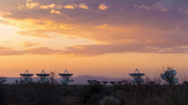 Time lapse of sunset sky over array of radio observatories in Eastern Sierra, California