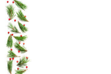 Christmas composition on a white background. Flat lay, top view, copy space.