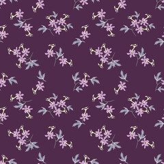 Vector floral seamless pattern with small abstract tropical flowers, leaves. Ditsy texture. Modern background with hand drawn elements. Liberty style wallpapers. Purple color. Repeat design for decor