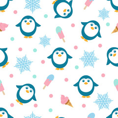 Pattern, thin fontern in the Scandinavian style. Funny penguins, snowflakes and ice cream on a white background. Web, packaging, paper, textiles, wallpaper, decoration of children's room, clothes