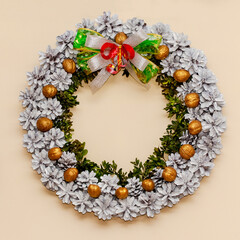Handmade Christmas wreath on the wall, Christmas background