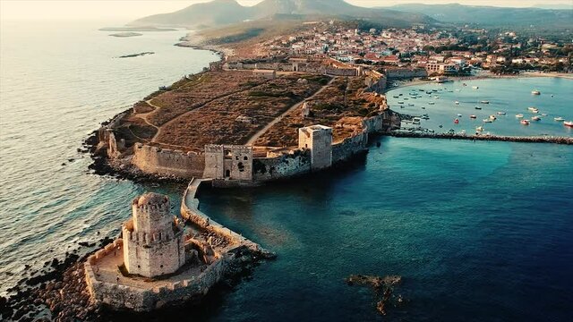 Aerial view over Methoni Castle and the fortified city. Its one of the most important and the biggest in castle in Mediterranean sea, a must-visit place in Greece located in Methoni, Messenia, Greece