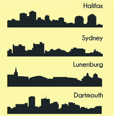 Fototapeta premium Set of 4 city silhouette in Nova Scotia, Canada ( Halifax, Lunenburg, Sydney, Dartmouth )