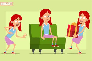 Cartoon flat funny little redhead girl character in violet skirt. Kid sneaking, resting on sofa and carrying present gift. Ready for animation. Isolated on green background. Vector set.