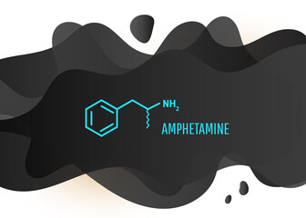 Medical chemical formula of a dangerous drug. Amphetamine formula with liquid fluid black forms on white background