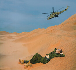 one woman in uniform without a weapon  lying  on top of sand. alone Gorgeous young woman in a...