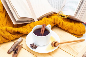 aromatic hot cinnamon tea covered with a warm scarf on a wooden autumn background. honey dipper with honey. comfortable reading a book
