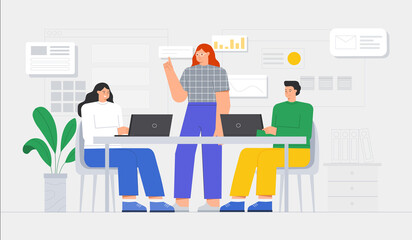 Meeting business people. Business team working together at the desk using laptops. Modern office interior with work process. Flat style vector illustration.