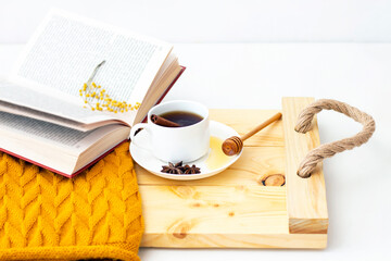 aromatic hot cinnamon tea covered with a warm scarf on a wooden autumn background. honey dipper with honey. comfortable reading a book