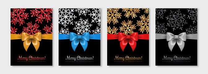 Christmas black greeting cards set with silk ribbon bow and shiny snowflakes. Vector illustration. Place for text message. Holiday brochure design, poster or invitations.