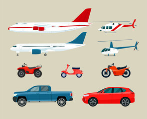 Obraz na płótnie Canvas Set of different transportation vehicles. Vector flat illustration.