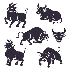 Set of Black Ox Silhouettes isolated on white. Vector illustration. Symbol for Happy Chinese New Year 2021. Attack Taurus, Sitting Cow and Longhorn Bull Head