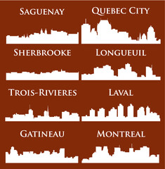 Set of 8 City silhouette in Quebec, Canada ( Quebec City, Montreal, Gateneau, Laval, Saguenay, Trois-Rivieres, Sherbrooke )