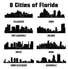 8 City silhouette in Florida ( Naples, MIami, Fort Lauderdale, Tampa, Orlando, Tallahassee, Sunny Isles Beach, Jacksonville )