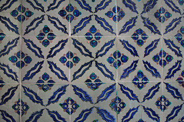 Ancient Iznik tiles on the walls of historical Topkapi Palace in Istanbul, Turkey