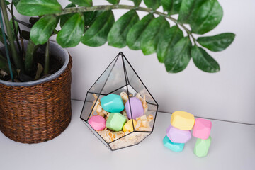 Colored cubes of various shapes.