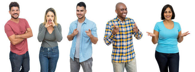 Group of pointing and screaming african and latin american adult people