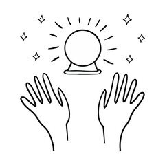 Magical hands up with magic ball and stars hand drawn illustration. Doodle sparkles isolated on white background. Black icon picture. 