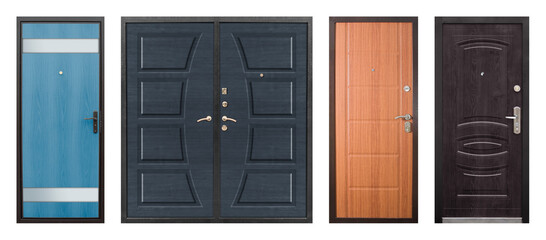 Set of models of entrance metal doors isolated on white background