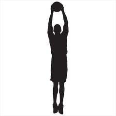 Professional basketball player silhouette jumping and shooting ball into the hoop, vector illustration