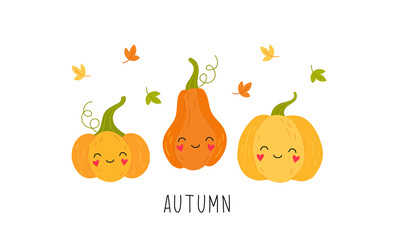 Cartoon cute pumpkin, falling autumn leaves. Isolated vector illustration on a white background.