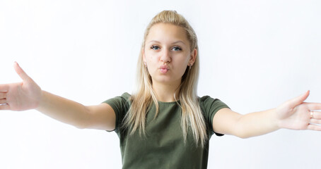 Fototapeta premium portrait girls blonly reaching hands, want hold someone tight, embrace in her arms, folding lips and close eyes waiting for passionate kiss, white background