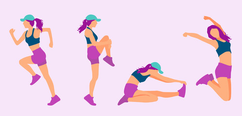 Girl jumping, running, do sport gymnastics , yoga, pulls leg muscles, stretching exercise. Stylish woman set in sportswear clothes. Vector cartoon illustration for design, print, background. Sexy body